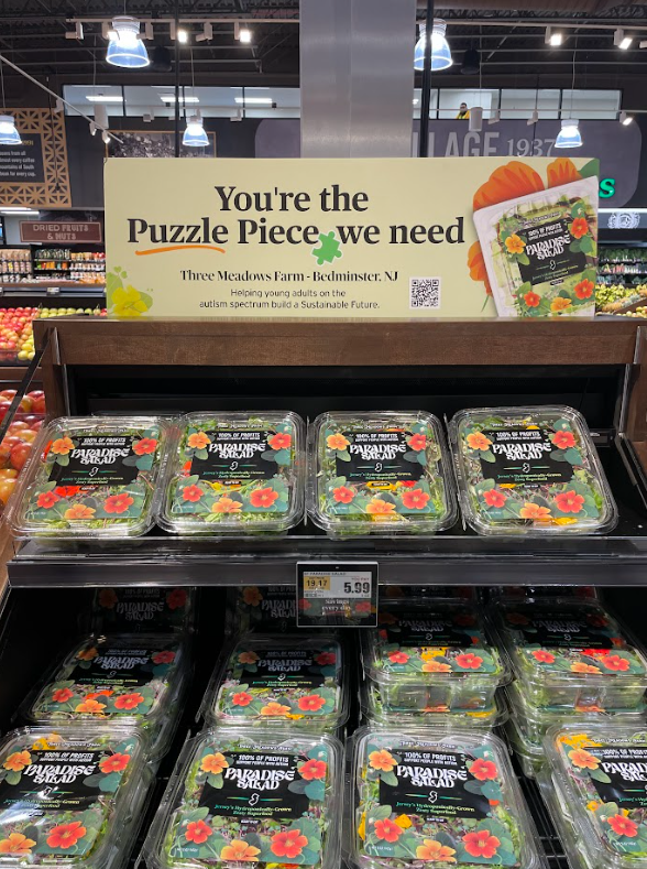 In honor of World Autism Awareness Day, the Sumas family, owners of the ShopRite of Old Bridge, donated $45,000 to Autism Speaks and celebrated the launch of Paradise Salad, a product of Three Meadows Farm that is grown, harvested and packaged by young adults with autism from the Somerset Hills Learning Institute in Bedminster.