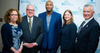 Hudson County Community College announced the launch of the second annual HCCC Summer Training Institute at a May 20, 2024, press conference. From left: HCCC Associate Vice President for Continuing Education and Workforce Development Lori Margolin; HCCC President Christopher Reber; New Jersey Reentry Corp. participant Harun Simpson; HCCC Associate Vice President for Academic Affairs and Assessment Heather DeVries; and NJRC Executive Director and Chairman James McGreevey.