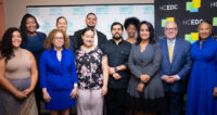 Members of the Hudson County Community College-Hudson County Economic Development Corp. Internship Program Team, from left: (front row) Rosennies Feliz, HCEDC marketing, communications and program coordinator; Lori Margolin, HCCC associate vice president for continuing education and workforce development; Haya Almahdy, HCCC student intern; Alejandro Fuenmayor, owner, Cavany Foods; Alka Kustagi, AIA, owner, CHB Interiors; Christopher Reber, HCCC president; Michelle Richardson, HCEDC executive director; (back row) Elise White, SRL Enterprises president and managing member; Natalie Brown, HCCC internship coordinator; and Mina Abdelmaseeh and Destiny Knowles, HCCC student interns.