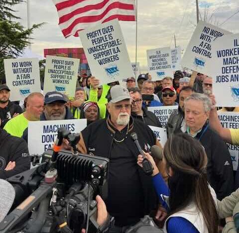 International Longshoremen's Association President Harold Daggett joined thousands of workers on strike outside the gates at Maher Terminal in Port Elizabeth on Oct. 1, 2024.