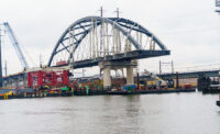 Following a 30-hour journey down the Hudson River, the first of three massive arches to support the new Portal North Bridge arrived at the construction site in November 2024.