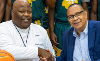 Patrick School President and head basketball coach Chris Chavannes (left) and Centenary University President Dale Caldwell commemorate the leasing agreement between the two schools.