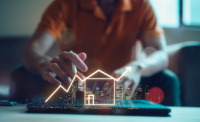 Businessman using tablet and house icon graph in concept of real estate investment. -DEPOSIT PHOTOS