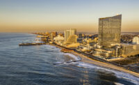 The Atlantic City skyline at sunrise.
