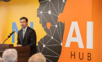 New Jersey Economic Development Authority CEO Tim Sullivan speaks during the March 27, 2025, ribbon-cutting ceremony for the new NJ AI Hub.