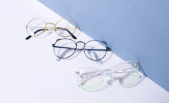 Glasses on a white and blue background
