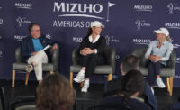 LPGA Icon and Mizuho Americas Open Tournament Host Michelle Wie West and 2024 AJGA Invitational Champion Gianna Clemente join sports broadcaster Jimmy Roberts at Liberty National Golf Club.