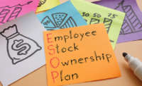Employee Stock Ownership Plan (ESOP) written on a sticky note surrounded by other notes with financial symbols and imagery. PHOTO DEPOSIT PHOTOS