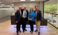 Smolin Lupin recently celebrated its relocation to Waterview Corporate Centre, where it is occupying 20,000 square feet of Class A office space – a lease arranged by Resource Realty of Northern New Jersey. From left: RRNNJ Principal and founder Tom Consiglio; Smolin COO and member of the firm Sal Bursese; member of the firm Dina DeMarco; and RRNNJ Principal Scott Peck. - PROVIDED BY RRNNJ