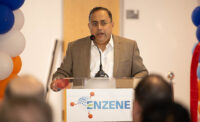 Enzene CEO Himanshu Gadgil addresses those gathered for the Sept. 3, 2025, Enzene Biosciences ribbon cutting for the company's new $50 million state-of-the-art biopharmaceutical manufacturing facility on the Princeton West Innovation Campus in Hopewell.