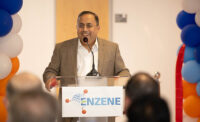 Enzene CEO Himanshu Gadgil addresses those gathered for the Sept. 3, 2025, Enzene Biosciences ribbon cutting for the company's new $50 million state-of-the-art biopharmaceutical manufacturing facility on the Princeton West Innovation Campus in Hopewell.