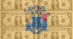 New Jersey flag with transparent dollars