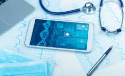 biotech concept with medical technology devices and DNA strand