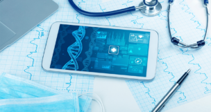 biotech concept with medical technology devices and DNA strand