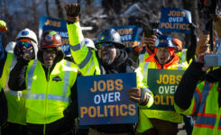 Workers rally after the construction pause on the Gateway Tunnel project that went into effect Feb. 6, 2026, due to a federal funding freeze.