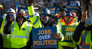 Workers rally after the construction pause on the Gateway Tunnel project that went into effect Feb. 6, 2026, due to a federal funding freeze.