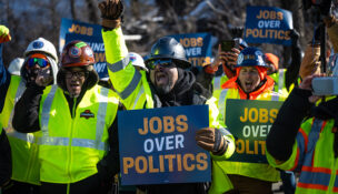 Workers rally after the construction pause on the Gateway Tunnel project that went into effect Feb. 6, 2026, due to a federal funding freeze.