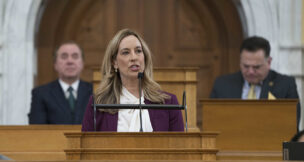 Gov. Mikie Sherrill gives her first Budget Address in the Assembly Chambers of the State House in Trenton on March 10, 2026.