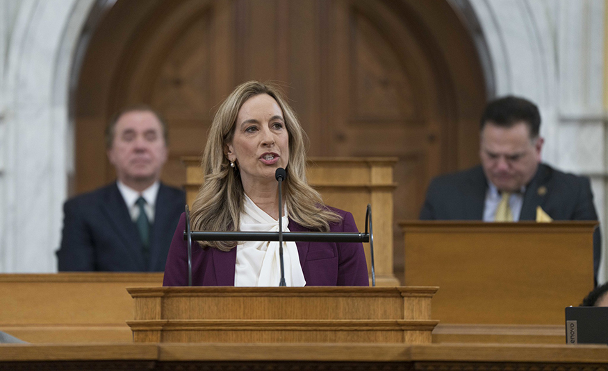 Gov. Mikie Sherrill gives her first Budget Address in the Assembly Chambers of the State House in Trenton on March 10, 2026.