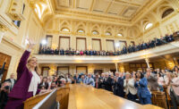 Gov. Mikie Sherrill gives her first Budget Address in the Assembly Chambers of the State House in Trenton on March 10, 2026.
