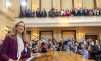 Gov. Mikie Sherrill gives her first Budget Address in the Assembly Chambers of the State House in Trenton on March 10, 2026.