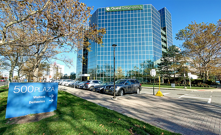 Exterior view of 500 Plaza Drive at Harmon Meadow in Secaucus with Quest Diagnostics signage