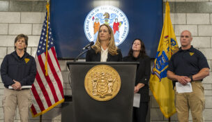 Gov. Mikie Sherrill held a press conference regarding Delaney Hall in Newark on May 31, 2026, at the New Jersey State Police Newark Station.