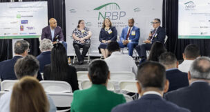 Panel discussion moderated by Elnardo Webster of Connell Foley, featuring Frank Giantomasi of CSG Law, Allison Ladd of the City of Newark, Linda Corso of Turner Construction Company, and Phillip Scott of H2M architects+engineers. PROVIDED BY NRPB