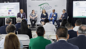 Panel discussion moderated by Elnardo Webster of Connell Foley, featuring Frank Giantomasi of CSG Law, Allison Ladd of the City of Newark, Linda Corso of Turner Construction Company, and Phillip Scott of H2M architects+engineers. PROVIDED BY NRPB