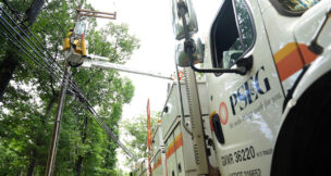 PSE&G crews work to restore power and repair equipment in Watchung after weekend storms.