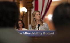 Gov. Mikie Sherrill holds a news conference in the rotunda at the State House in Trenton on June 30, 2026, after the Fiscal Year 2027 budget was passed by the legislature.