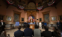 Gov. Mikie Sherrill holds a news conference in the rotunda at the State House in Trenton on June 30, 2026, after the Fiscal Year 2027 budget was passed by the legislature.