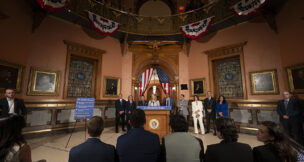 Gov. Mikie Sherrill holds a news conference in the rotunda at the State House in Trenton on June 30, 2026, after the Fiscal Year 2027 budget was passed by the legislature.