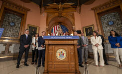 Gov. Mikie Sherrill holds a news conference in the rotunda at the State House in Trenton on June 30, 2026, after the Fiscal Year 2027 budget was passed by the legislature.