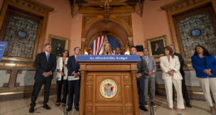 Gov. Mikie Sherrill holds a news conference in the rotunda at the State House in Trenton on June 30, 2026, after the Fiscal Year 2027 budget was passed by the legislature.