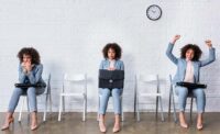 Collage with woman waiting for interview and celebrating success sitting on chair