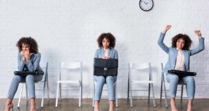 Collage with woman waiting for interview and celebrating success sitting on chair